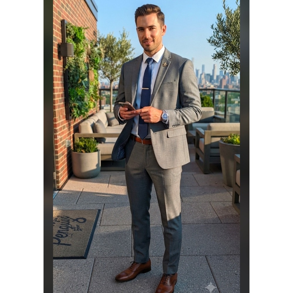Original Penguin Mens Grey Wool Blend 2 Piece Suit 38R Blazer 32x32 Pants